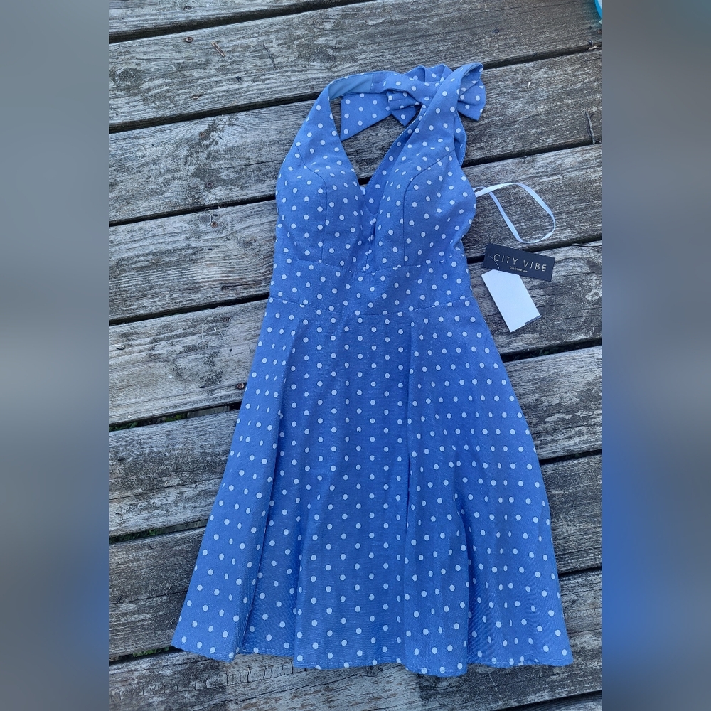 City Vibe Blue Polka Dot Halter Dress Size 1
